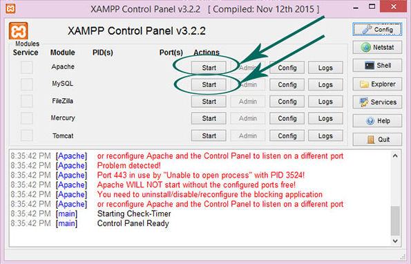 Khởi động một số module trong Xampp.